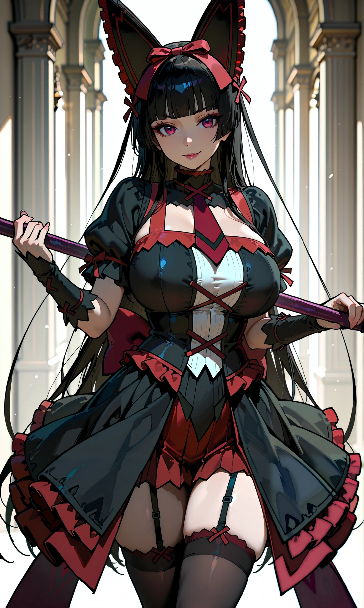 masterpiece,best quality,high resolution,8k,ultra HD,illustration,perfect face,cowboy shot,beautiful detailed eyes,extremely detailed face,perfect lighting,extremely detailed CG,perfect body,perfect hands,perfect fingers,1woman,full body, gigantic breasts, looking at viewer, adult, Rory Mercury, narrow waist, absurdly wide hips, absurdly thick thighs, smiling, semi-realistic, holding her large halberd, fighting pose, absurdly large rear, modest outfit,