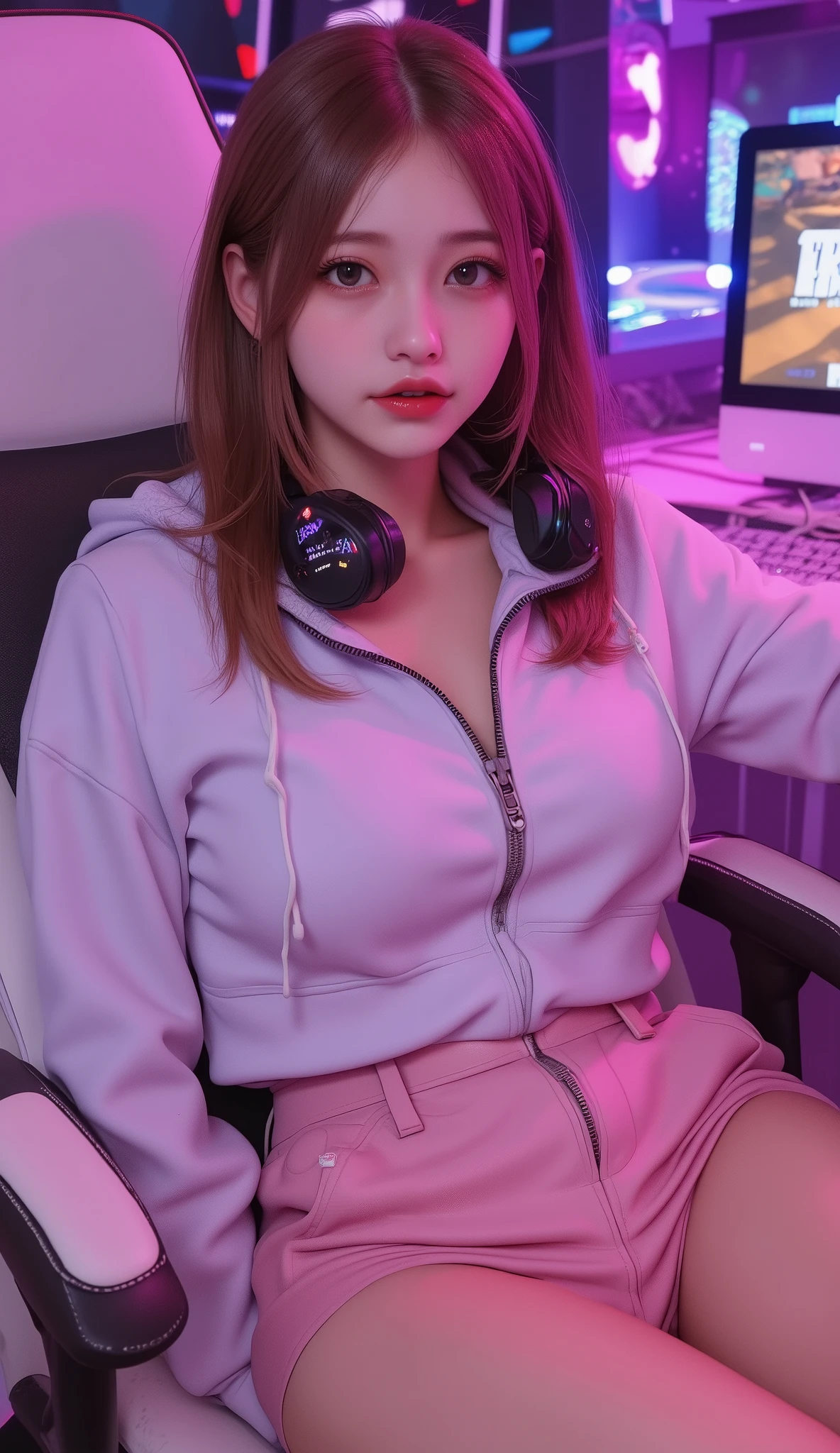 ( high quality deep background : 1.2 )、(white skin:1.2)、(very large breasts:1.2)、(showing off cleavage:1.2) 、HYPER REAL WOMAN , perfect body woman 、 (Top Quality 、 8k 、 masterpiece: 1 . 3)、 Clear focus: 1 . 2 、 highly detailed facial and skin textures 、 detailed eyes 、 double eyelids 、(long brown hair) 、 ( zipped hoodie、showing off cleavage:1.2) 、 (pink skirt) 、 gamer hello kitty headphones 、 Gamer girls 、 pink and purple gamer room 、 PC Gamer 、 (sitting in gamer chair:1.4 ) 、 brave game on screen 、 (realistic pictures)high resolution 、 high resolution 、 neon:1.5、Long, beautiful legs