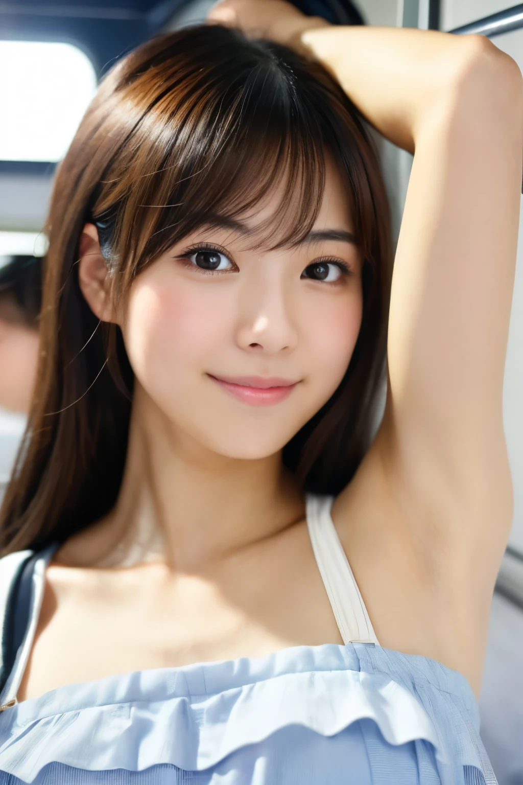 Brown Hair,Medium Hair,20-year-old female, With the correct face, Cute natural smile, Japanese facial features, A clean and cute face, Realistic portraits, 8K Photo, Soft Makeup,Natural skin texture,Raw photo,highest quality,Full Body Shot,Showing armpits