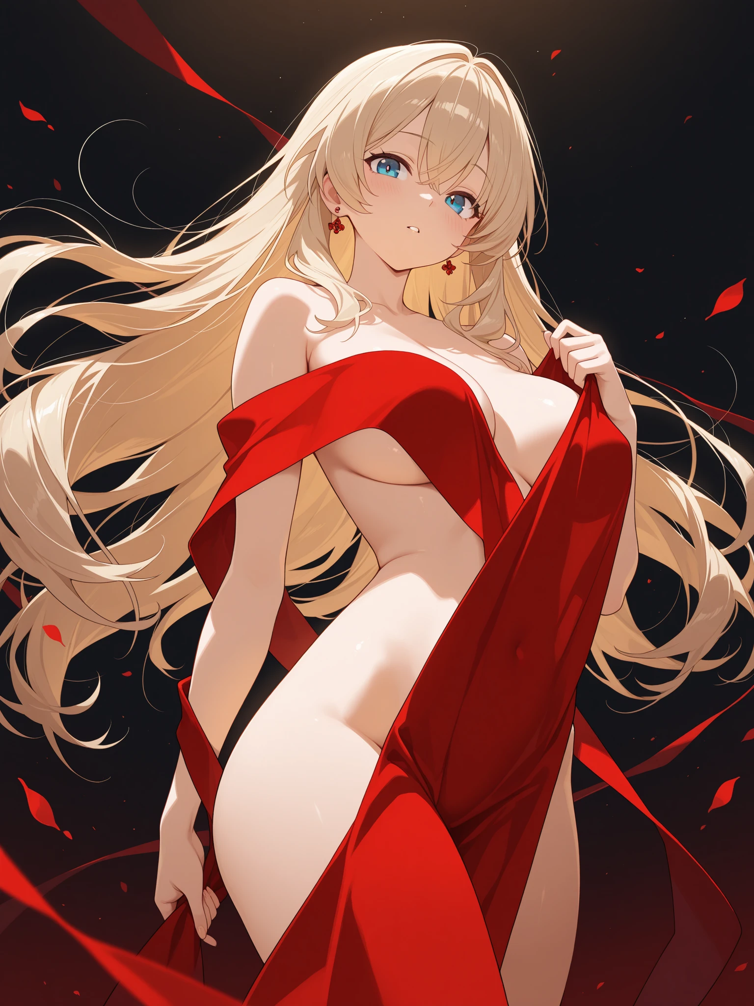 skinny girl, blonde, blue colored eyes, perfect circle, wearing a red dress. witheout panties, without bra. Pose sexy, playing with the skirt