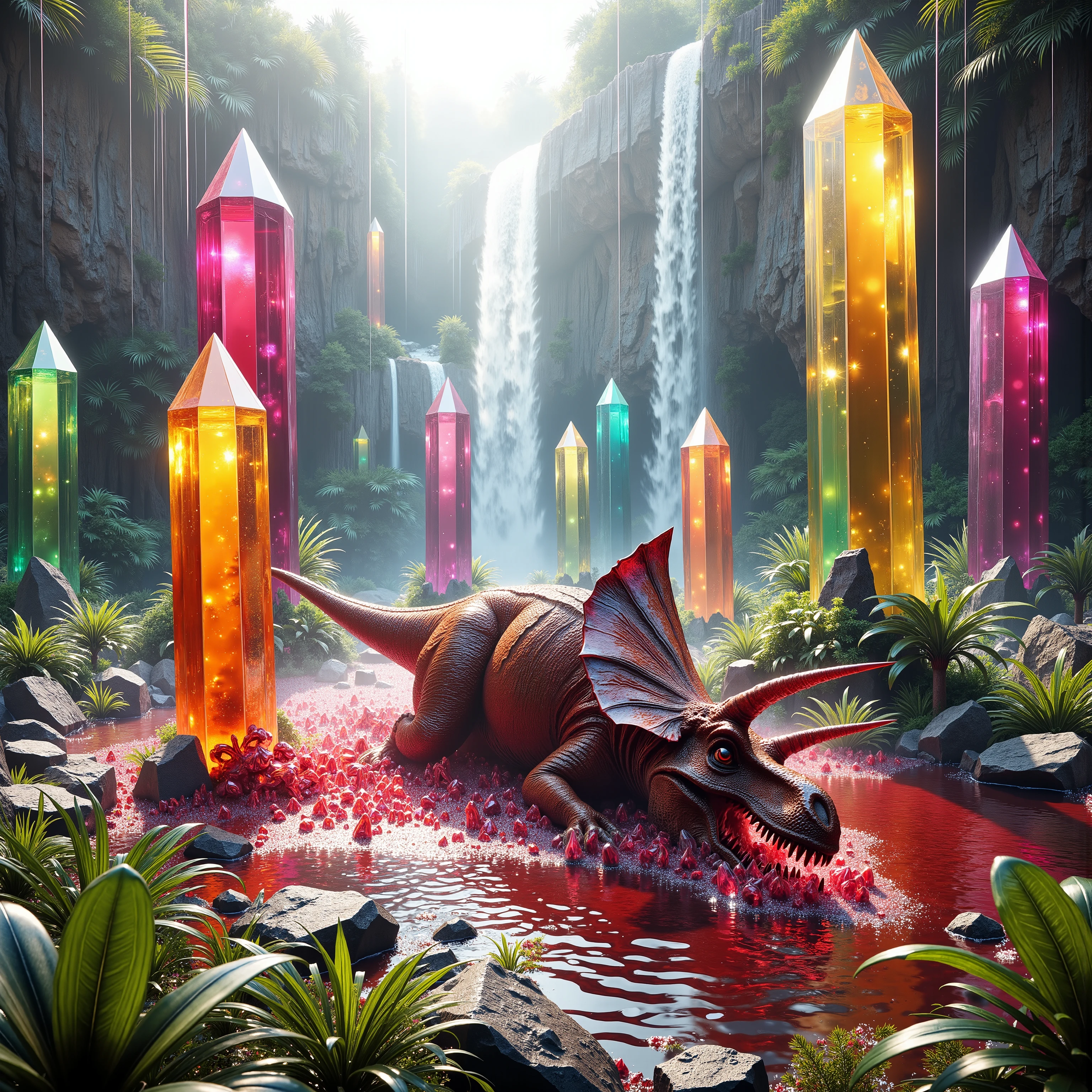 A cliff that is 300 feet tall made up of gigantic quartz crystal points that are multicolored translucent pillars in a tropical rainforest. In the middle of these skyscraper sized quartz crystals is an incredible gushing cascading waterfall that pours into a beautiful lagoon that is lined with smaller quartz crystals 20 to 40 feet tall. In hues of Pink, Red, Orange, Yellow, Green, Blue, and purple, there are hundreds of quartz crystal formations pointing up in the sunlight in the cliff and protruding from the perimeter of the lagoon. Be sure that they are partially translucent and radiate color in the bright full sunlight. In this Full Sunlight, we see a Tyrannosaurus Rex and a triceratops in a fight to the death in the lagoon. Huge chunks of meat are ripped off by the T Rex, and the Triceratops three horns have caused several large punctures on the T Rex. Both animals wounded the clear lagoon water becomes red and thick with blood. Pieces of stringy meat and blood hang and drip off the T Rex's enormous teeth. His mouth and head are covered in blood, as is the Triceratops head and horns. Attention to detail on the dinosaurs' textured skin and especially the eyes! No red eyes! No glowing eyes! Only real looking irises and pupils! Keep these images real and graphic looking and also disturbingly natural. Anatomical correctness on the dinosaurs. Breathtakingly beautiful, stunning, awe-inspiring images only! 8K Octane, Action Painting, Cinematic, Cinematography, Conceptual Art, Digital Art, Fujicolor, Ultra-realistic Photorealistic, Portrait Photography, Surrealism, Unreal Engine, Sparkle on crystals, Cinematic Lighting, Glowing Light, Reflection Light, Ray Tracing, God Rays, Perspective: up close, macro photography, Ultra bloody and gorey, UHD, Super Detailed, Best Quality, Award Winning, Masterpiece.