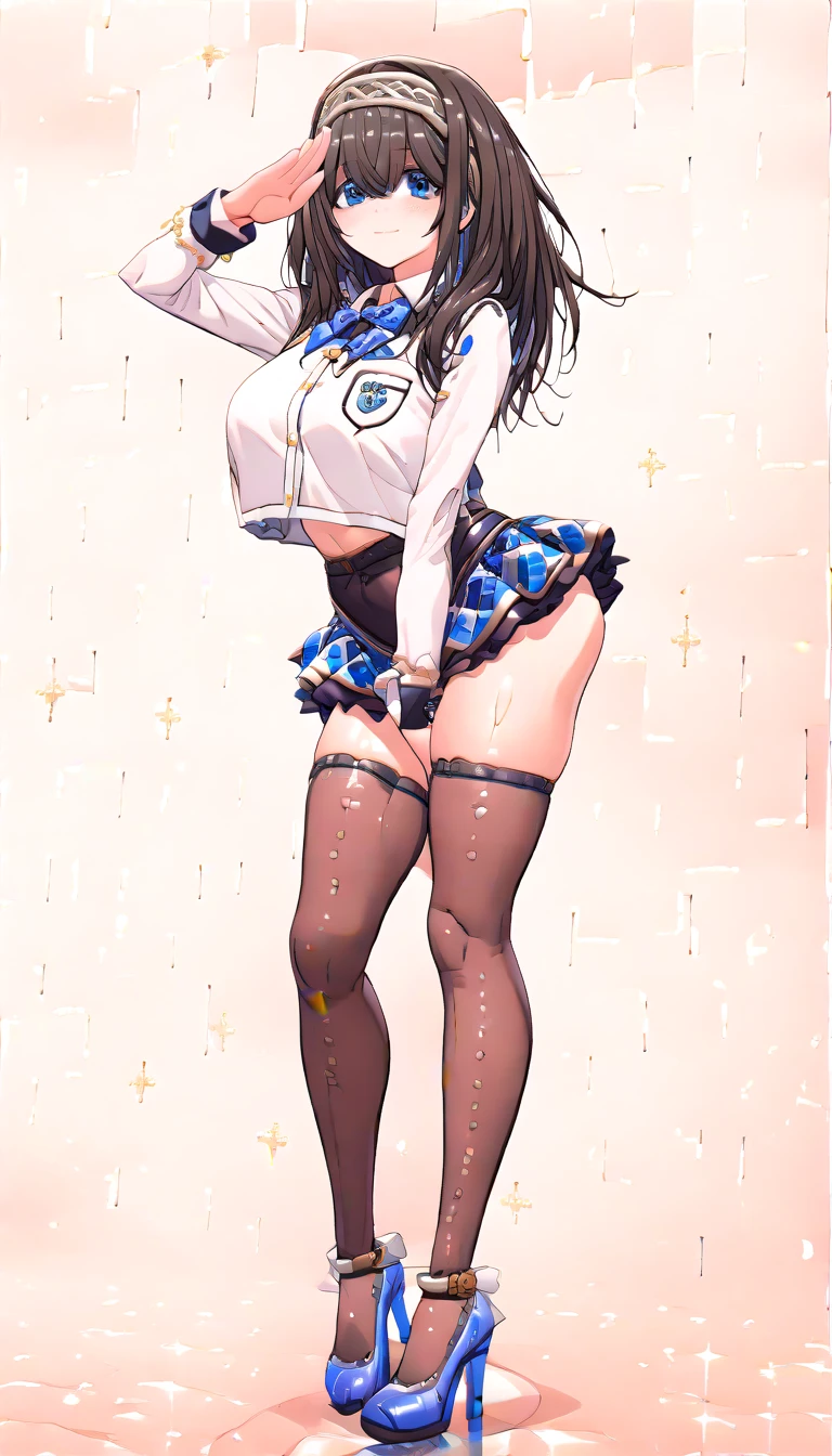 1 girl, petite, solo, long hair, skirt, water collar, black hair, navel, look, black dress 7, mini skirt, barefoot, see-through, neckline, crop top, pleated skirt, water, school uniform, mid-belly, shirt, serafuku, double tail, extra hairy, full body, miniskirt, bare shoulders, white shirt, blue eyes, bare legs, wide hips, thick thighs, huge breasts, black water collar, bangs, stomach, blue collar, parted lips, floating hair, standing, legsupsexms, (NSFW: 1.4)