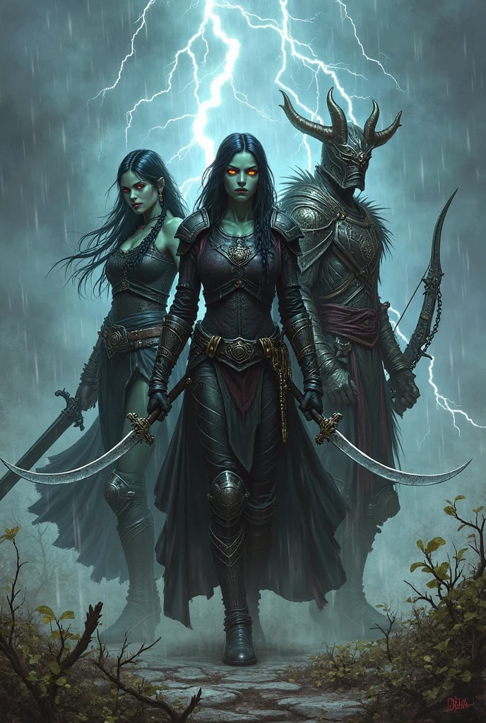 The March of Darkness: The elven witch leads her undead army through a dense forest. The branches of the gnarled trees move sinisterly as the creatures advance, exuding an air of dread and destruction. Dead elves, skeletal orcs and zombie ogres follow in unison, spreading fear wherever they go.. Art style SIMON BISLEY