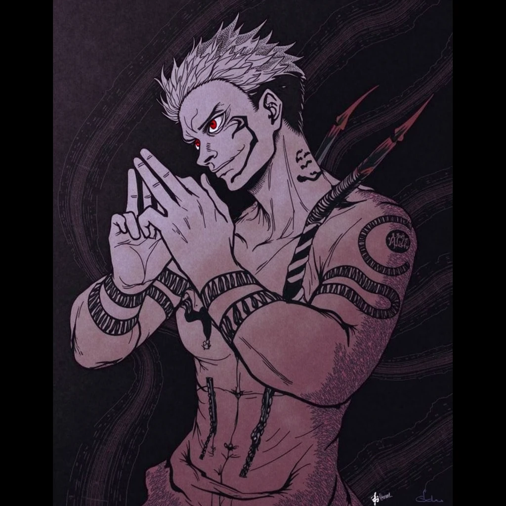 (obra-prima, melhor qualidade: 1.2),, solo, foco masculino, 1boy, sukuna, sorriso, tattoo_on_his_face, tattoo_ryoumen, own hands together, cabelo rosa,