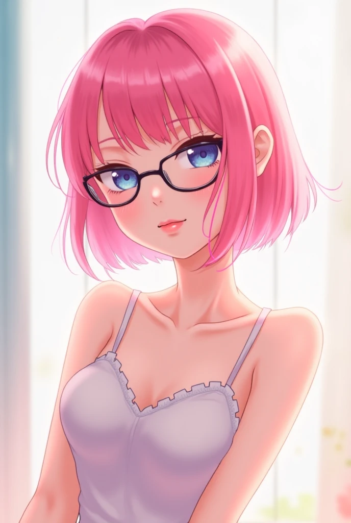 Girl with short pink hair and bangs red glasses thin eyebrows pink very small tits and naked with pink eyes, with a very excited face biting his lips, her vagina is urinated on, she is posing strangely with white stockings with pink stripes