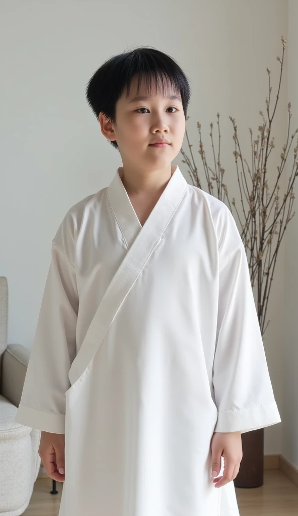 make a daughter about 2 years old, height 78 cm, Short hair, side part model, wearing a walnut colored long-sleeved robe, wear white shoes, full body, Indonesian children, portrait view