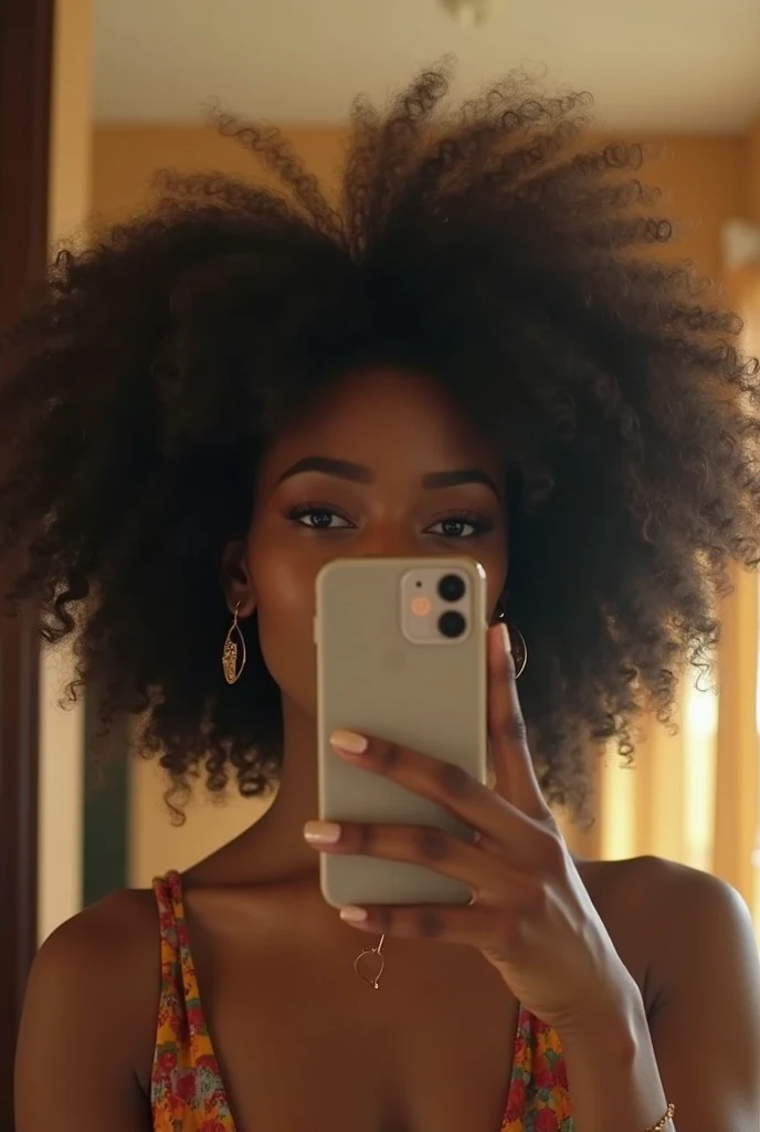 "Image ultra réaliste d'une belle jeune afro-camerounaise de 19 ans, ,Écorces de caramel, corps parfait, Prendre un selfie dans la salle de bain avec son iPhone 14, maigre, taille ultra-fine, cheveux noirs, Cheveux courts bouclés africains , yeux gris perçants.hyper réaliste,anatomie correcte,Les traits du visage sont soigneusement représentés,boucles gratuites, cheveux noirs bouclés, (court, des cheveux noirs bouclés), Longs cheveux noirs sauvages bouclés et longs, cheveux multiversaux, court, des cheveux noirs bouclés, cheveux noirs bouclés, boucles, cheveux ondulés étalés, boucles baroques, boucles, Bouclé,Texture des cheveux, Bouclé bang