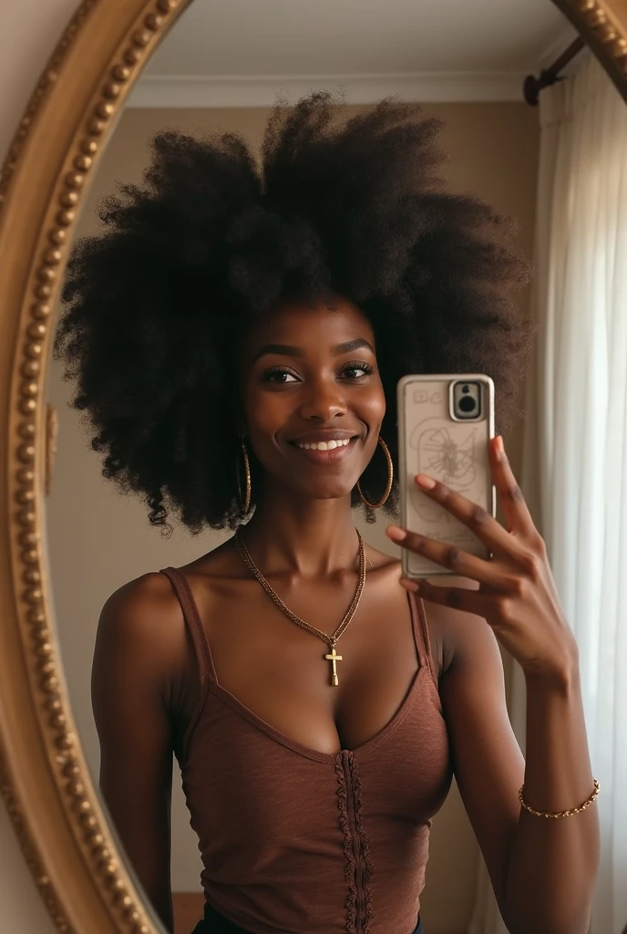 Mulher negra madura de cabelo liso tomando cafe
