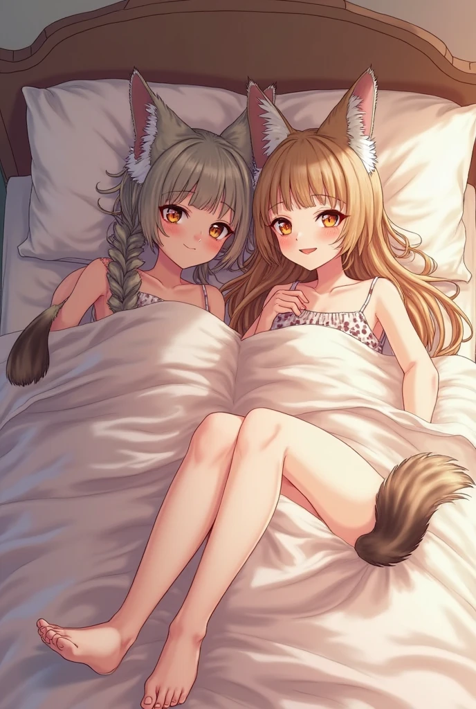 (tmasterpiece, Best quality at best, A high resolution), 1 girl, Alone, Oversized fox tail，Green-eyed，(Brown hair long_side french braid)，Small flower headdress, (27years old，Busty wife)_Mature female figure_F Cup，modernn architecture, A MILF, At home，My 6 year old daughter sleeps on my wife;Wife gently puts daughter to sleep，ssmile，
