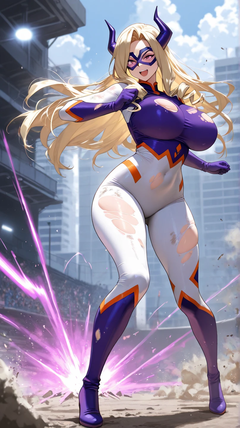 Juri Han,dark eyeshadow,glare eyes,beautiful young fitness woman with , in a gym wearing May with black pantyhose, white and purple fitted gym jacket. standing alone,hair horns,bright purple eyes,Evil smile,legging preto ,lips,dark eyeshadow,glare eyes,head looking down,upward eyes,whole body,beautiful curves
