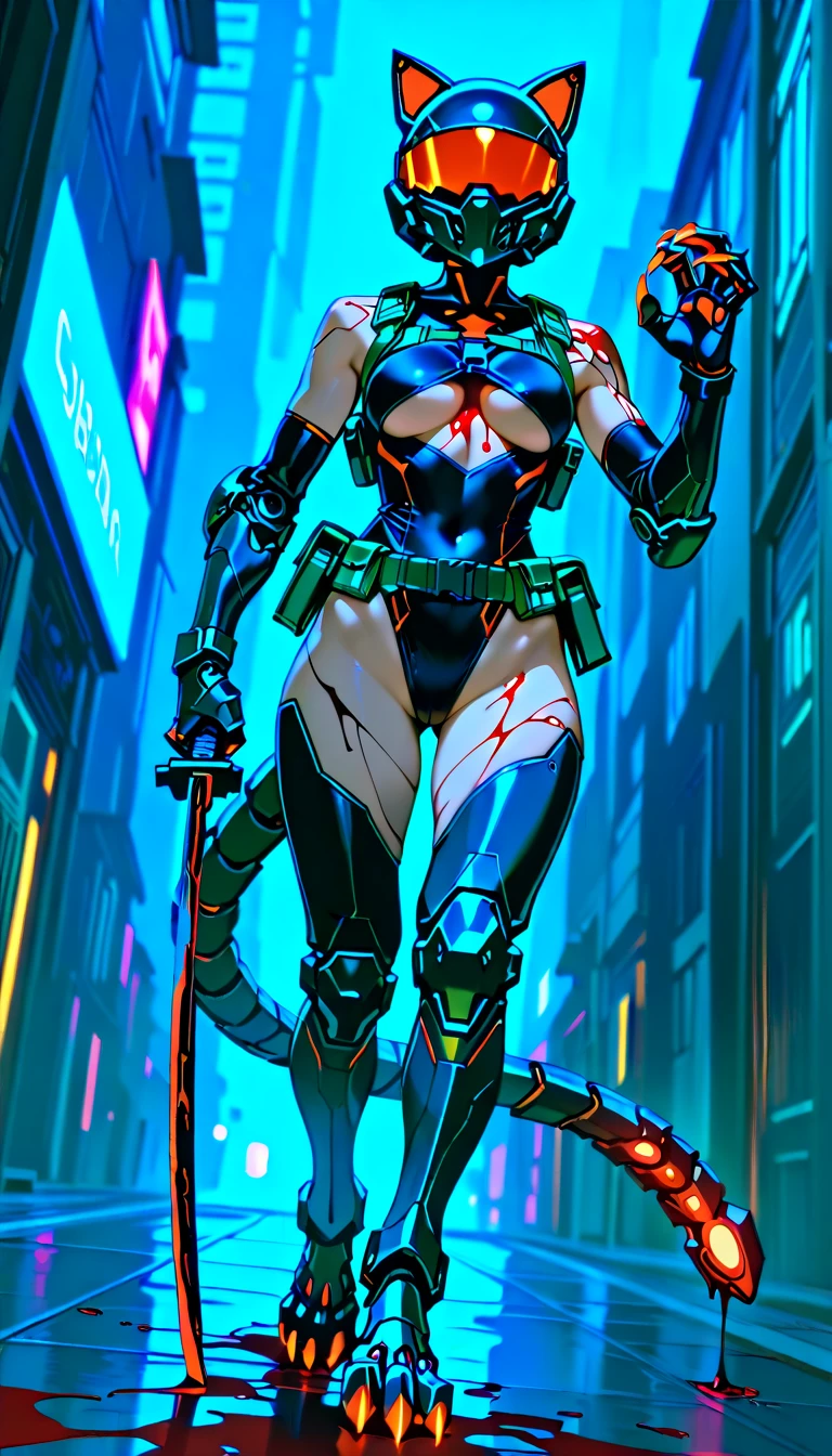 Best quality, masterpiece, (((1girl))), (((solo))), dense cyberpunk city background, dense city street, neon lit street, raining, night time, wet skin, cyberpunk, anime, full-face helmet with cat ears, black helmet, red glowing cat ears, hourglass figure, toned body, athletic, skimpy clothing, (((black leotard))), underboob cutout, (((underboob))), black tactical gear, skimpy tactical gear, (((holding katana))), (((covered in blood))), (((blood splatters))), (((blood everywhere))), (((blood all over body))), ((())), (((view from ground))), (((cat eyes visible in helmet))), black thigh highs, red and black tactical gear, glowing neon red katana blade, (((blood dripping from katana))), (((bloodbath))), (((mechanical tail))), ((segmented tail) (((glowing neon red tail))), (((glowing neon red claws))), (((glowing neon red helmet visor))), tactical  harness, tactical knee pads, tactical elbow pads, tactical gloves, tactical thigh harness, (((tactical utility belt))), (((tactical body harness))), (((cybernetic legs))), (((cybernetic lines on skin))), (((dutch angle))), (((hand in claw shape))), ((( cocked))), shoulders visible, black arm bands on biceps, ((())), cybernetic legs, (((mechanical claw feet))), (((walking towards viewer))), ((( walk)))