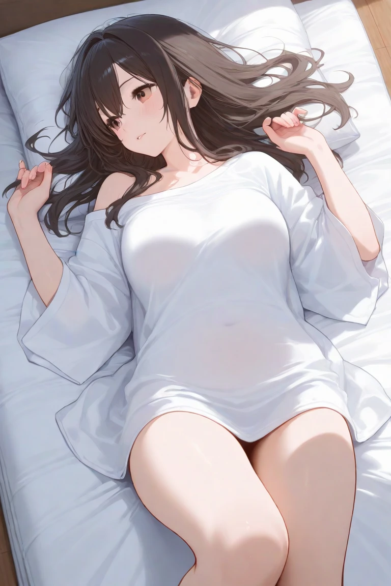 missionary, sex, vaginal, lying, on bed, paper sheets, 1girl, 1boy, white shirt, office lady, bottomless, large penis, smile, blush, closed mouth, long hair,