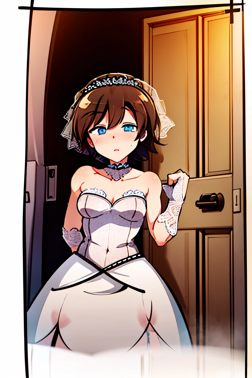 1 Girl、 Complete human body 、masterpiece, Top Quality, high resolution, (1 Girl, Peephole Door in Upper Body , open the door , Doorway、 little beautiful girl 、Helga Haruka, blue eyes, brown hair , short hair, wedding dress,acme ),love hotel,after