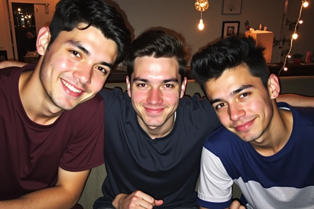 three young mans, embracing each other's shoulders, taking a photo together, facing the front camera, at night, in yards