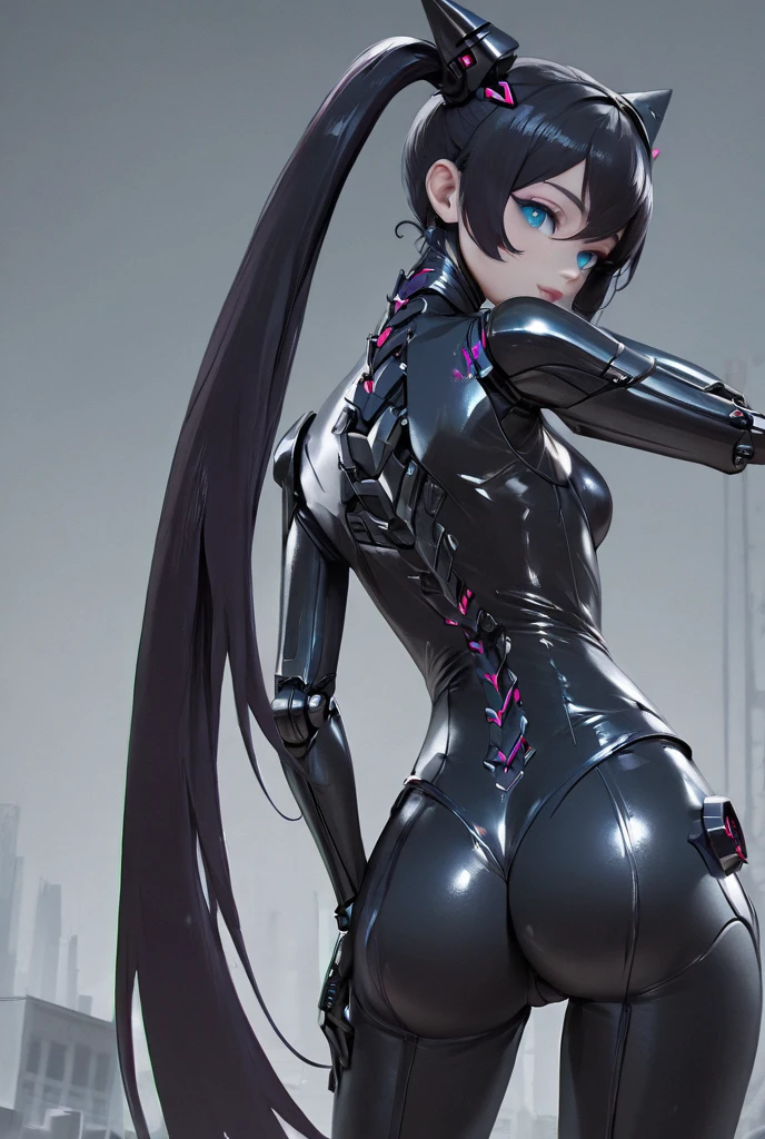 (Masterpiece, Best quality: 1.2), Absurd, (Traditional media: 1.2), (2D:1.2), (Center: 1.3), illustration, skirt_tail, Highly detailed, (super detailed), medium shot, realistic, (Full body: 1.2), (Perfect female figure), a woman in a futuristic suit with horns and horns on her head, standing in front of the futuristic city, 1girl, bangs, black hair, tights, puffiness, large breasts, horns, long hair, looking at the audience, makeup, rear view, fullmoon, stars, earth