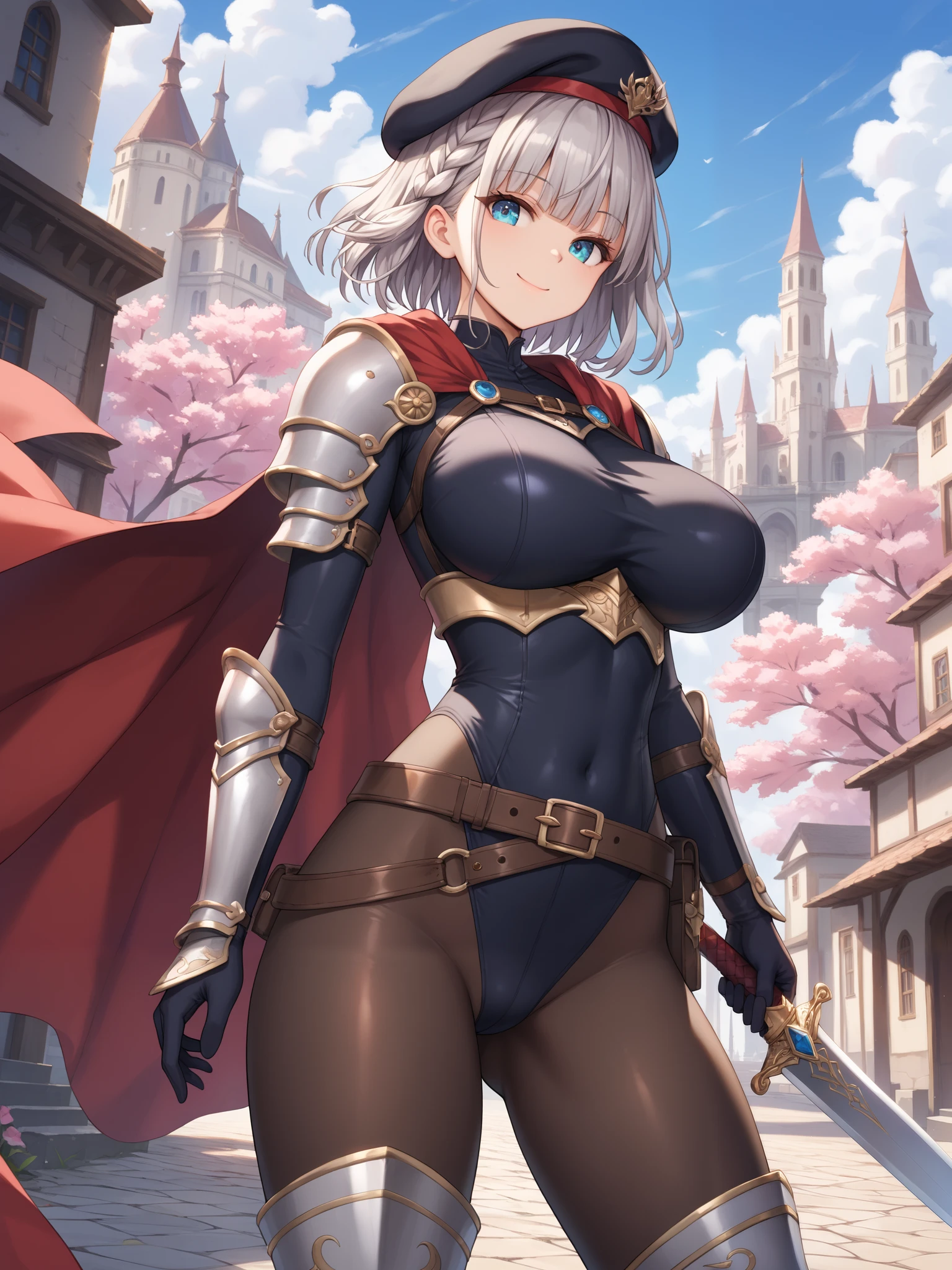 (masterpiece, best quality, detailed), 1girl, solo, seras victoria, hair over one eye, looking at viewer, 
armor, breastplate, armored dress, cape, gauntlets, shoulder armor, bodysuit, outdoors, mountain, castle, fantasy, scenery, sky, hands behind back, smirk, red eyes,  boob window, breast window, sexy