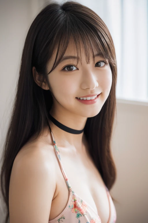 (Big Breasts), (18-year-old), (very small head), dawn, sunlight, (Perfect body:1.1), (8k), (Very delicate and beautiful), (Highest quality:1.0), (Realistic), Realistic Shadows, (High resolution:1.0), Detailed skin, Very detailed, the body is slim, (Beautiful Hair, Real Hair, Thinning hair), blush, Realistic, Realistic Face, Realistic eyes, Small eyes, smile, (eyeliner), (mascara), (eye shadow), whole body、Open leg pose、Nipples、naked、Thick pubic hair、blonde、Layered Cut、smile、Black choker