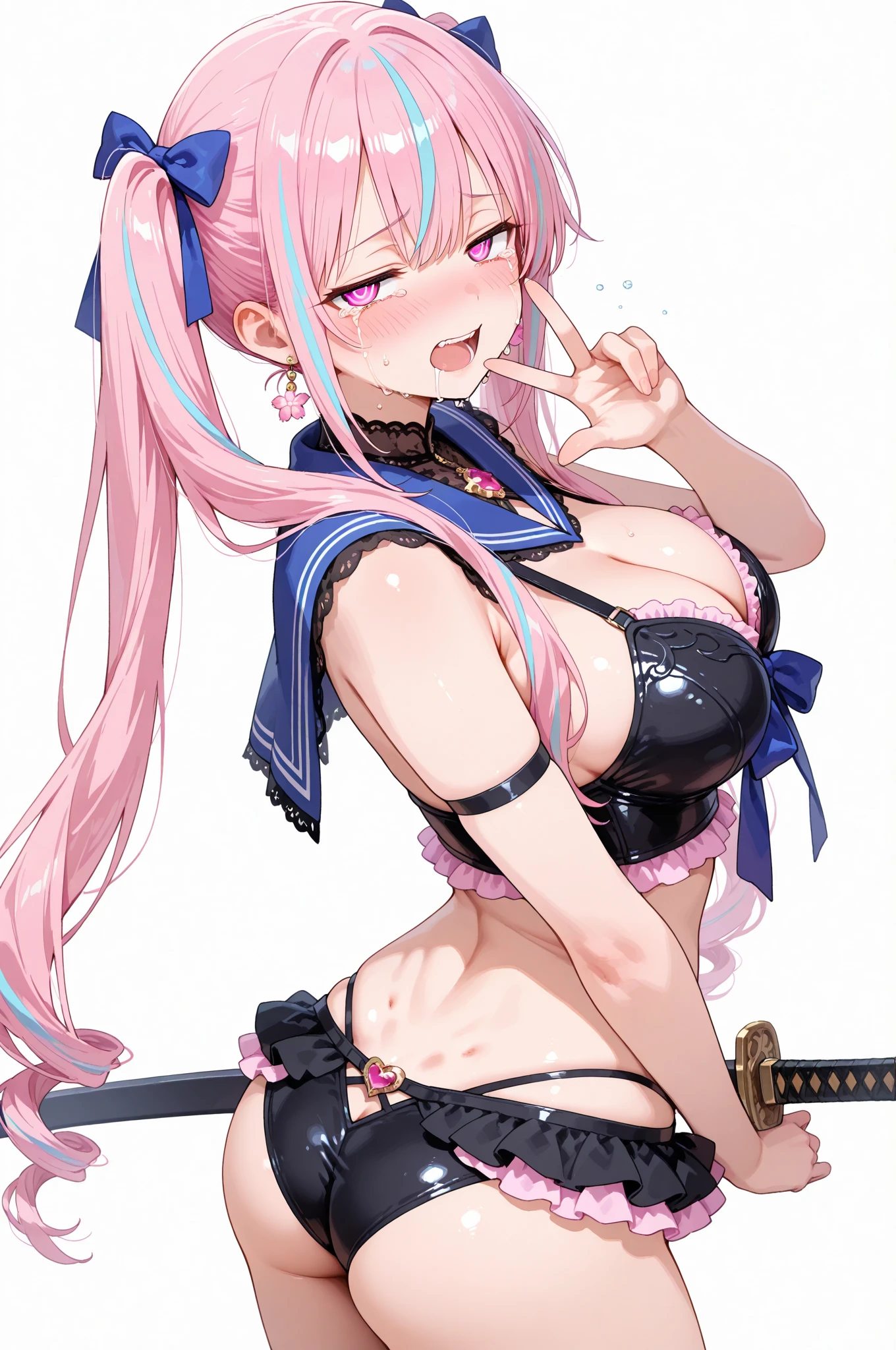 realistic image, coherent image, detailed image, 1 girl, long hair, pink hair, wearing hair accessories with blue and yellow cubes on the right side, light blue eyes, delicate oval face, blushing, wearing a crop top, pleated miniskirt, sports shoes, big breasts, curvy body, thick thighs, shy pose, black background, uniform bottom,