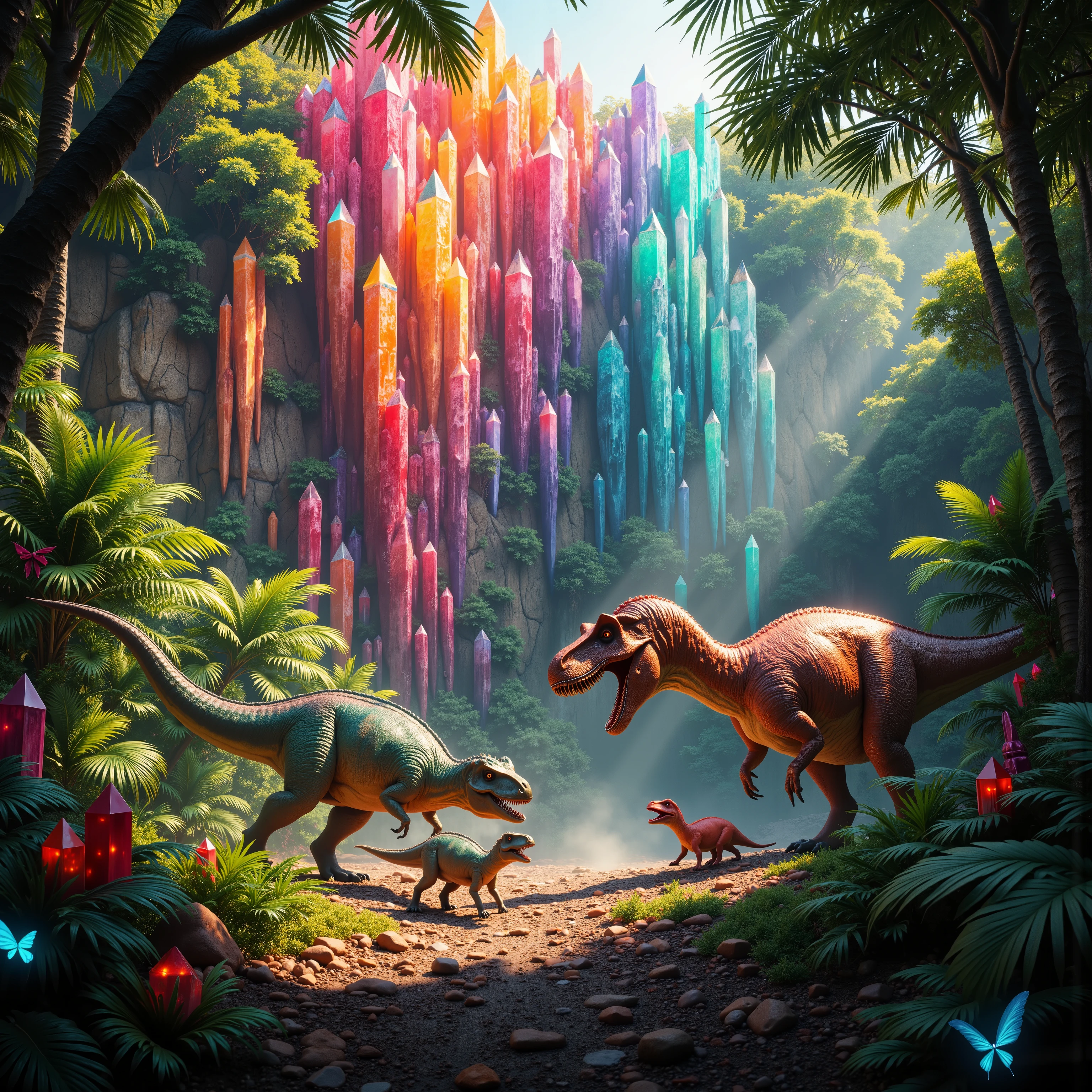 Tropical rainforest, 100 ft. tall cliff made up of gigantic quartz crystals  points that are multicolored translucent pillars in hues of Pink, Red, Orange, Yellow, Green, Blue, and purple, there are thousands of quartz crystal formations on the sheer wall of the cliff and everywhere down below. They are partially translucent and radiate color in the bright full sunlight. In this full sunlight, down in a jungle clearing we see two Tyrannosaurus Rexes fighting each other with a couple of their young watching and fighting each other, imitating their mothers. The Dinosaurs' eyes are detailed and clear.  No red eyes! No glowing eyes! There are other animals and birds everywhere. Giant insects are all over the place, too. Prehistoric life in its natural form. A jungle with life in every direction. Anatomically Correct Size and Proportion of the dinosaurs.  8K Octane, Action Painting, Cinematic, Cinematography, Ultra-realistic Photorealistic, Portrait Photography, cinematic photography, cinematic portrait, Sparkle on crystals, Cinematic Lighting, Glowing Light, God Rays, Perspective: up close, macro photography, UHD, Super Detailed, Best Quality,  Award Winning, Masterpiece