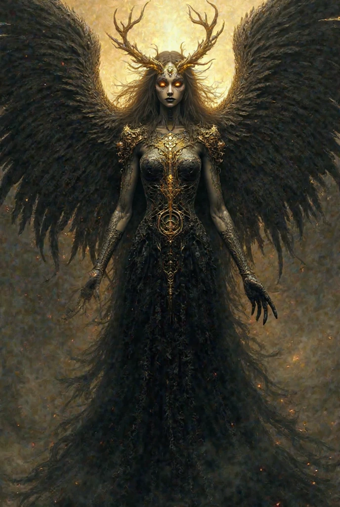 full shot, an illustration of Chelsea Wolfe, beautiful, sensual, transparent gothic golden clothes, in the style of restrained palette, distressed materials, realistic color schemes, hieratic visionary, figura serpentinata, nicola samori, bold yet graceful, perfect black skin, perfect body, extremely beautiful, extremely tattooed, black swan wings