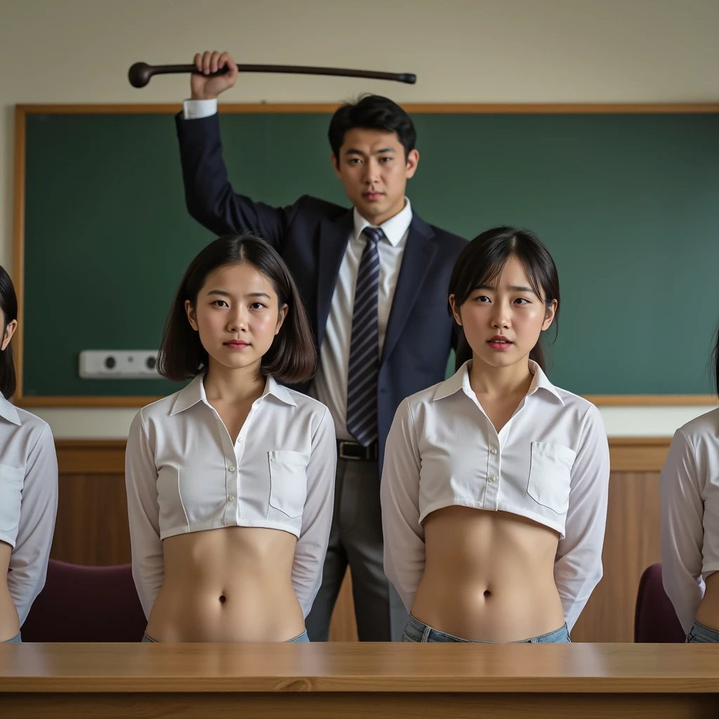 (masterpiece), best quality, ((old man in blue suit and black suit holds)) (((nude naked nude naked young asian teen girl who wears a paper crown and holds a book with logo on it and has angry face))) and has short hair and has medium breast and nipple and vagina and earring and necklace and wristwatch , man students in the background, man students in the background, classroom setting, school classroom,