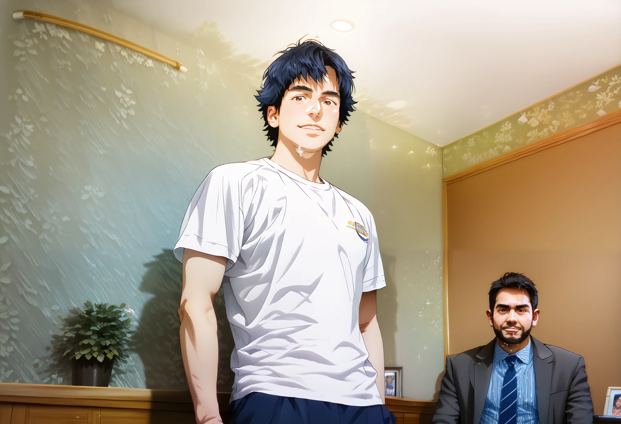 japanese macho、twinks、Erect、in her 20s、white singlet、cum shots、sperm、Multiple men、a picture, (best quality:1.5, hyperrealistic:1.5, photorealistic:1.4, madly detailed CG unity 8k wallpaper:1.5, masterpiece:1.3, enthusiastically detailed photo:1.2), (hyper-realistic lifelike texture:1.4), highly detailed, ((masterpiece, best quality)), retouched, extremely detailed 8K wallpaper, 1 korean male, (korean man with k-pop idol look), 20yo, looking at viewer, handsome, sexy & hot, big guy, firm, wearing fishnet shirt & pants, photo real, illuminating light, indoor, decorated room with plants]