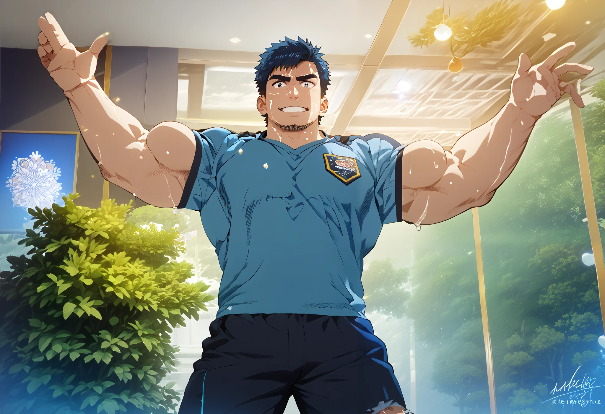 Boys' high school rugby, Touch my big crotch, The uniform is torn, Between the legs, Battle with pectoral muscles , Masterpiece, top quality , so aesthetic , Ultra High Resolution chubby 、odor、 thighs、 stains、sweat、 transparent、 from behind,(best quality:1.5, hyperrealistic:1.5, photorealistic:1.4, madly detailed CG unity 8k wallpaper:1.5, masterpiece:1.3, enthusiastically detailed photo:1.2), (hyper-realistic lifelike texture:1.4), highly detailed, ((masterpiece, best quality)), retouched, extremely detailed 8K wallpaper, 1 korean male, (korean man with k-pop idol look), 20yo, looking at viewer, handsome, sexy & hot, big guy, hyper muscle, giant muscular bodybuilder, bulk, massive body, large size, posing, stubble, firm, wearing fishnet shirt & pants, photo real, illuminating light, indoor, decorated room with plants