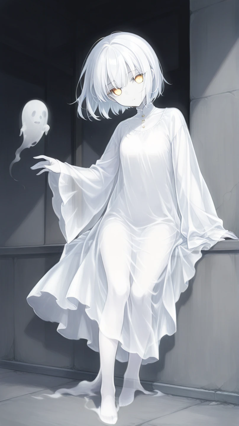 An illustration of a ghost girl in a sensual pose and with a micro skirt showing tiny floss, roupas totalmente brancas com capuz transparente, pele branca e cabelos brancos, quase nua, Tiny floss, seios grandes, decote generoso, bunda grande, tudo transparente, light behind her, ghosty aura, sorriso malicioso, rosto lindo e limpo, corpo perfeito, white particles around you, exterior de uma casa abandonada, Mist around