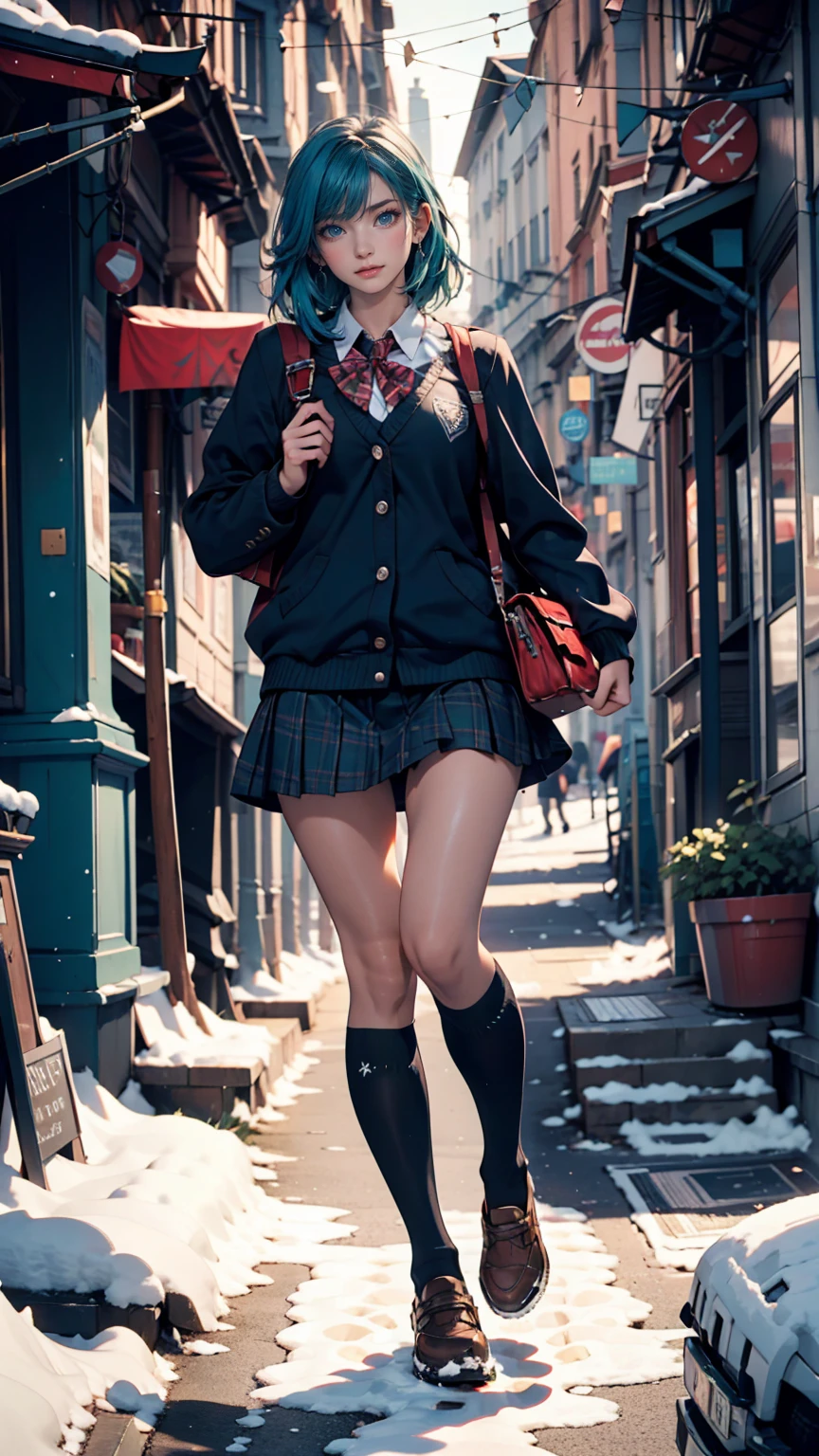 Low-angle shooting, Japanese schoolgirl uniform, neatly dressed. She is a surreal schoolgirl with a playful and cute beautiful pose. The lens is full-body, delicate makeup and fresh skin are playful, crystal clear legs, radiant. The skirt of the corner is light and beautiful.