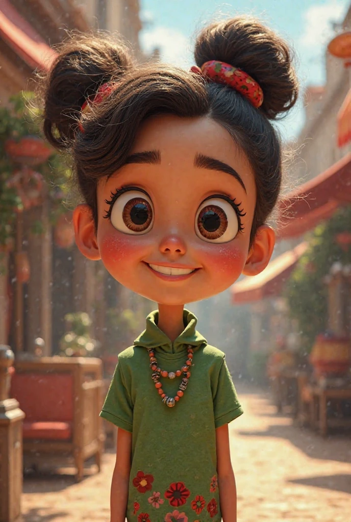 In 3d animation style "A close-up of a young girl, Radhika, looking curious as she listens to village talk about the haunted mansion"