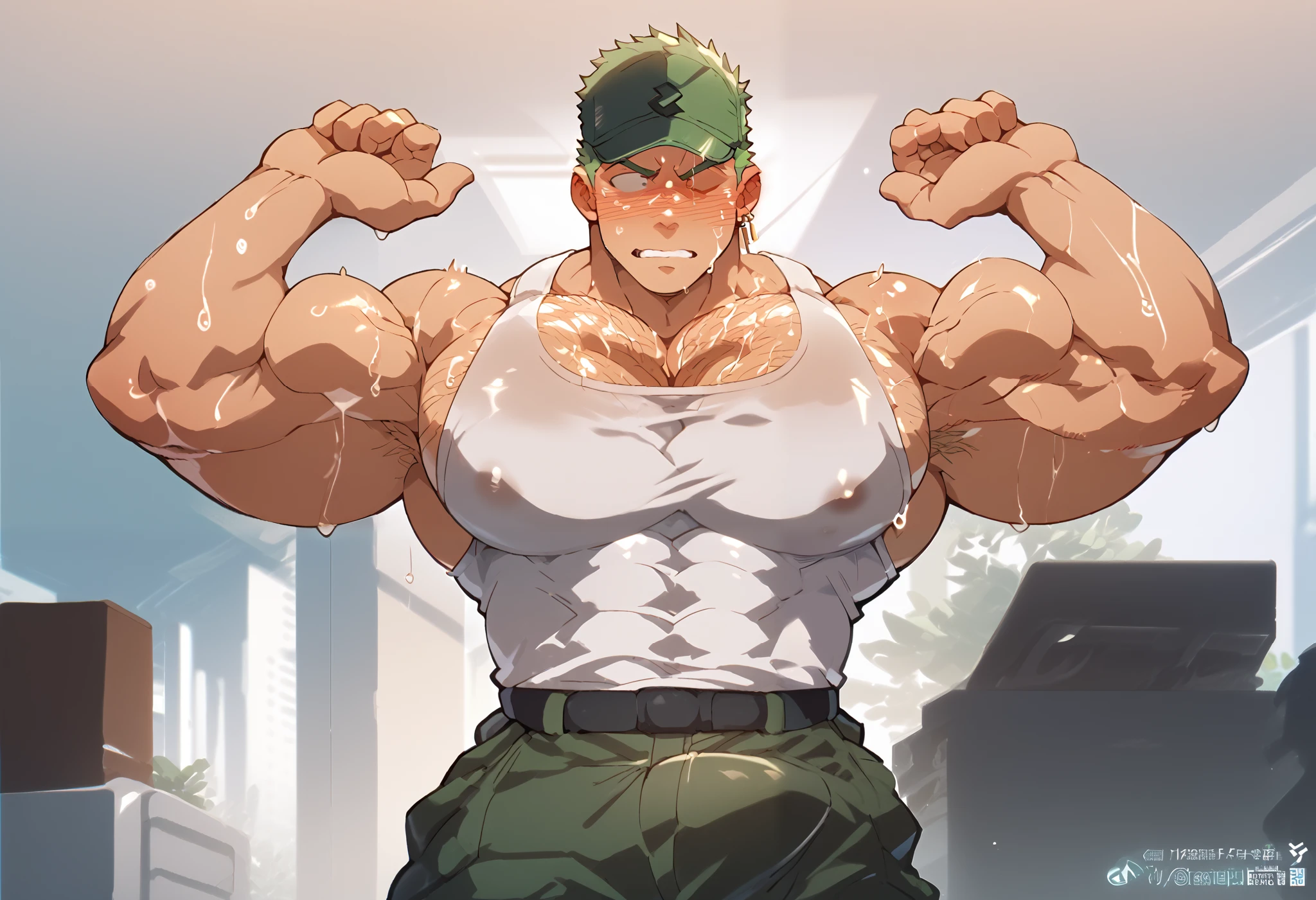 Roronoa Zoro, tanned skin, buzz cut, baseball cap backwards, tanktop, cargo pants, muscular, muscles, big biceps, broad shoulders, massive pecs, sweaty, hairy chest, blank expression, vacant stare, hypnotized, brainwashed, focused, High Resolution, a young businessman , large pectoral muscles , wearing glasses , boss ((massages chest muscles with both hands (through clothes) from behind)) , close contact , embarrassed and blushing , (sexual harassment) , business suits , lean back , small nipples , in office , NSFW , frustrating , distant viewpoint , Masterpiece , best quality , very aesthetic , ultra-high resolution