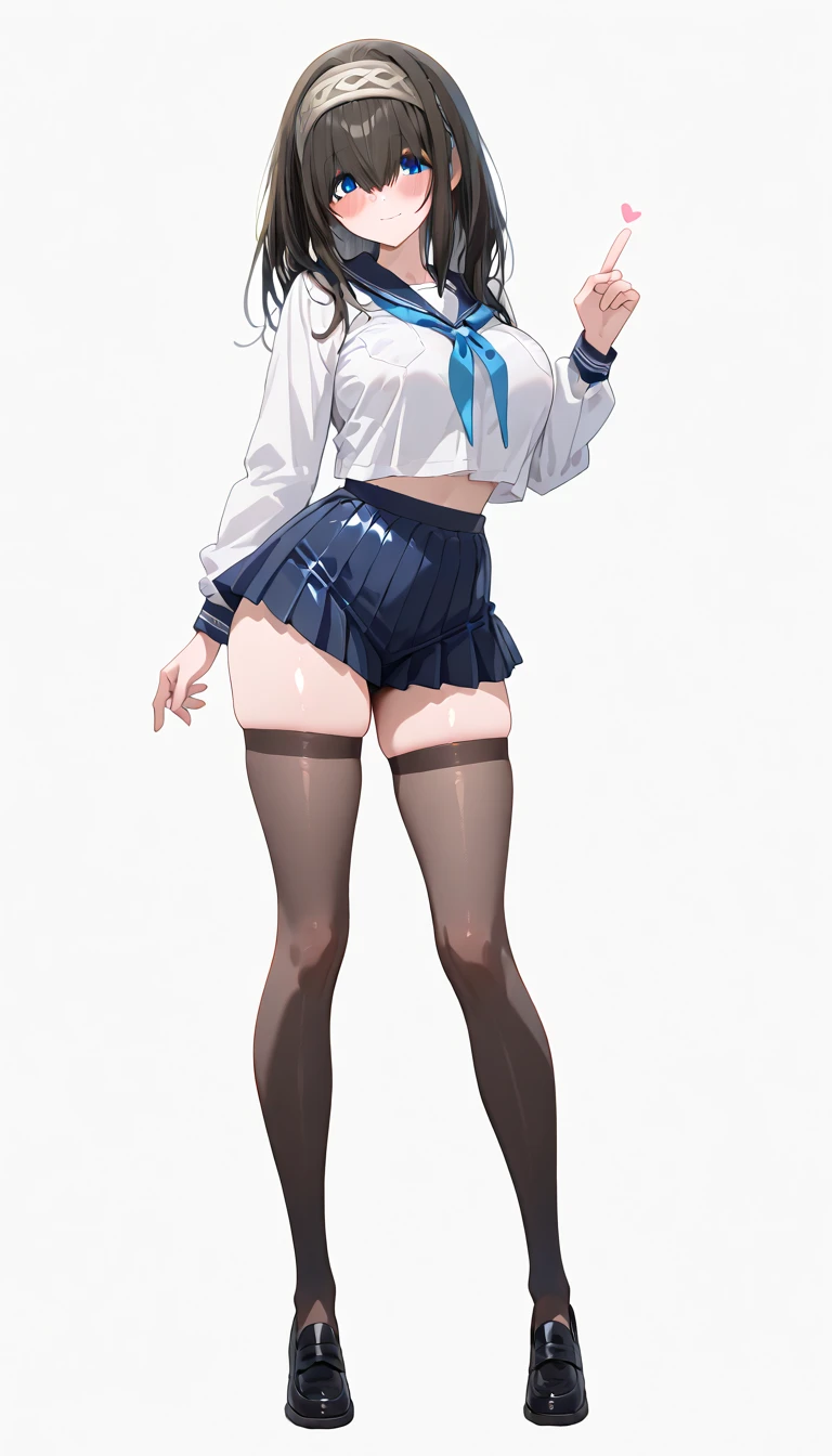 chii, 1girl, solo, brown hair, medium hair, parted bangs, forehead, brown eyes, blush, one eye closed, serafuku, tight bra and panties, full body, crossed arms, looking at viewer