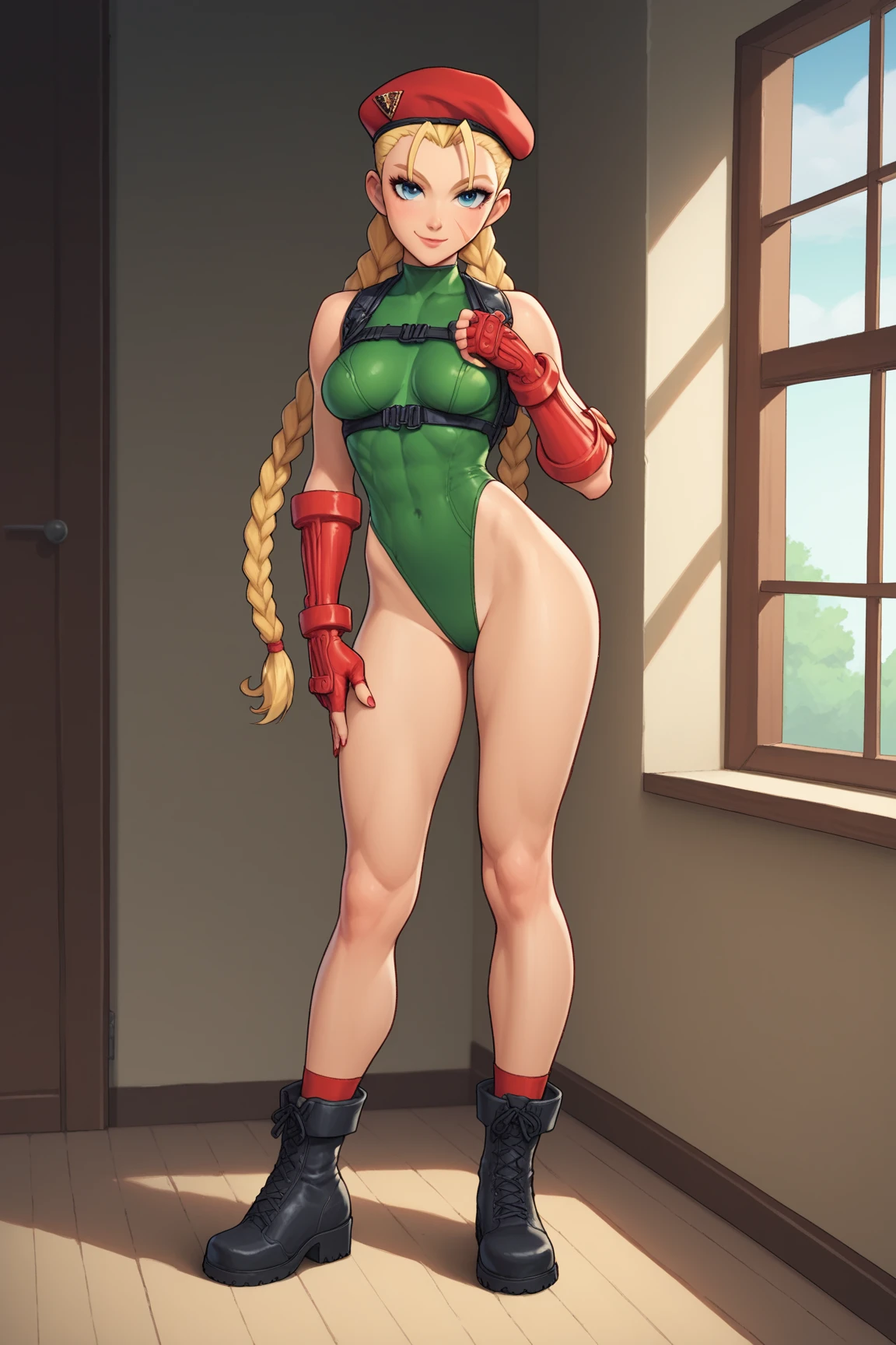((best quality)), ((masterpiece)), (detailed), perfect face Cammy White wearing cap, gloves and long sleeve leotard squatting barefoot.