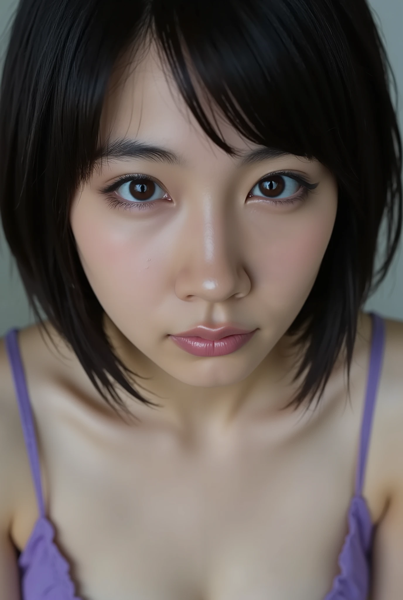 (( best quality work )), ((masterpiece)), ( details), First-person perspective ,1 Girl, sexy,( Bringing Your Face Closer ),((Wide Mouth )),((Big Breasts, purple underwear, short bob hair)), black hair , ((Small eyes, without makeup))