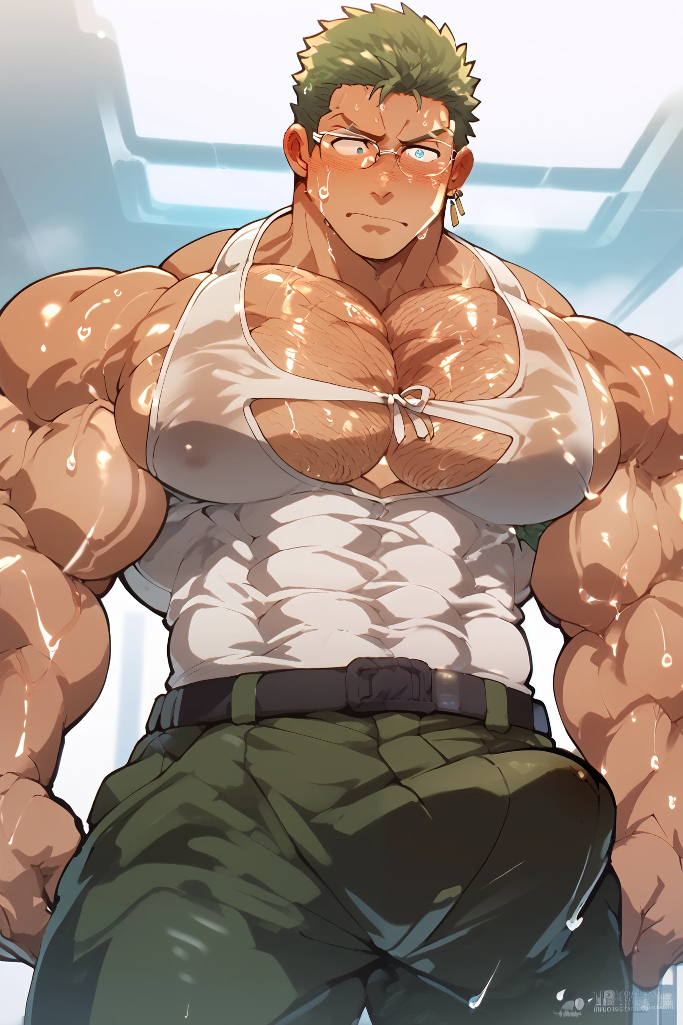 Roronoa Zoro, tanned skin, buzz cut, baseball cap backwards, tanktop, cargo pants, muscular, muscles, big biceps, broad shoulders, massive pecs, sweaty, hairy chest, blank expression, vacant stare, hypnotized, brainwashed, focused, High Resolution, a young businessman , large pectoral muscles , wearing glasses , boss ((massages chest muscles with both hands (through clothes) from behind)) , close contact , embarrassed and blushing , (sexual harassment) , business suits , lean back , small nipples , in office , NSFW , frustrating , distant viewpoint , Masterpiece , best quality , very aesthetic , ultra-high resolution