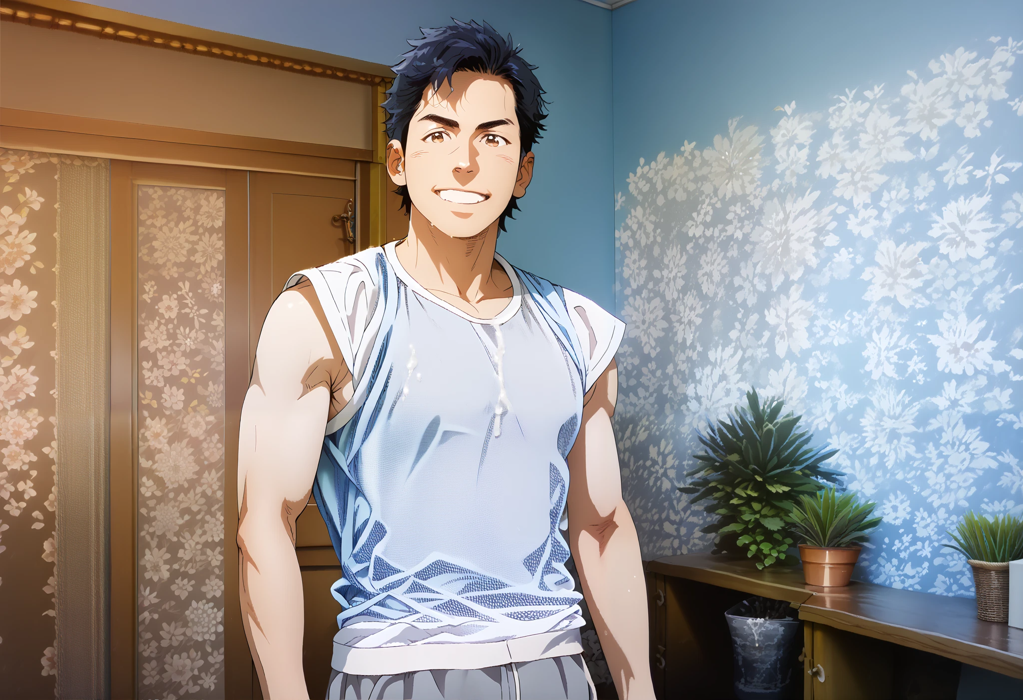 japanese macho、twinks、Erect、in her 20s、white singlet、cum shots、sperm、Multiple men、a picture, (best quality:1.5, hyperrealistic:1.5, photorealistic:1.4, madly detailed CG unity 8k wallpaper:1.5, masterpiece:1.3, enthusiastically detailed photo:1.2), (hyper-realistic lifelike texture:1.4), highly detailed, ((masterpiece, best quality)), retouched, extremely detailed 8K wallpaper, 1 korean male, (korean man with k-pop idol look), 20yo, looking at viewer, handsome, sexy & hot, big guy, firm, wearing fishnet shirt & pants, photo real, illuminating light, indoor, decorated room with plants]