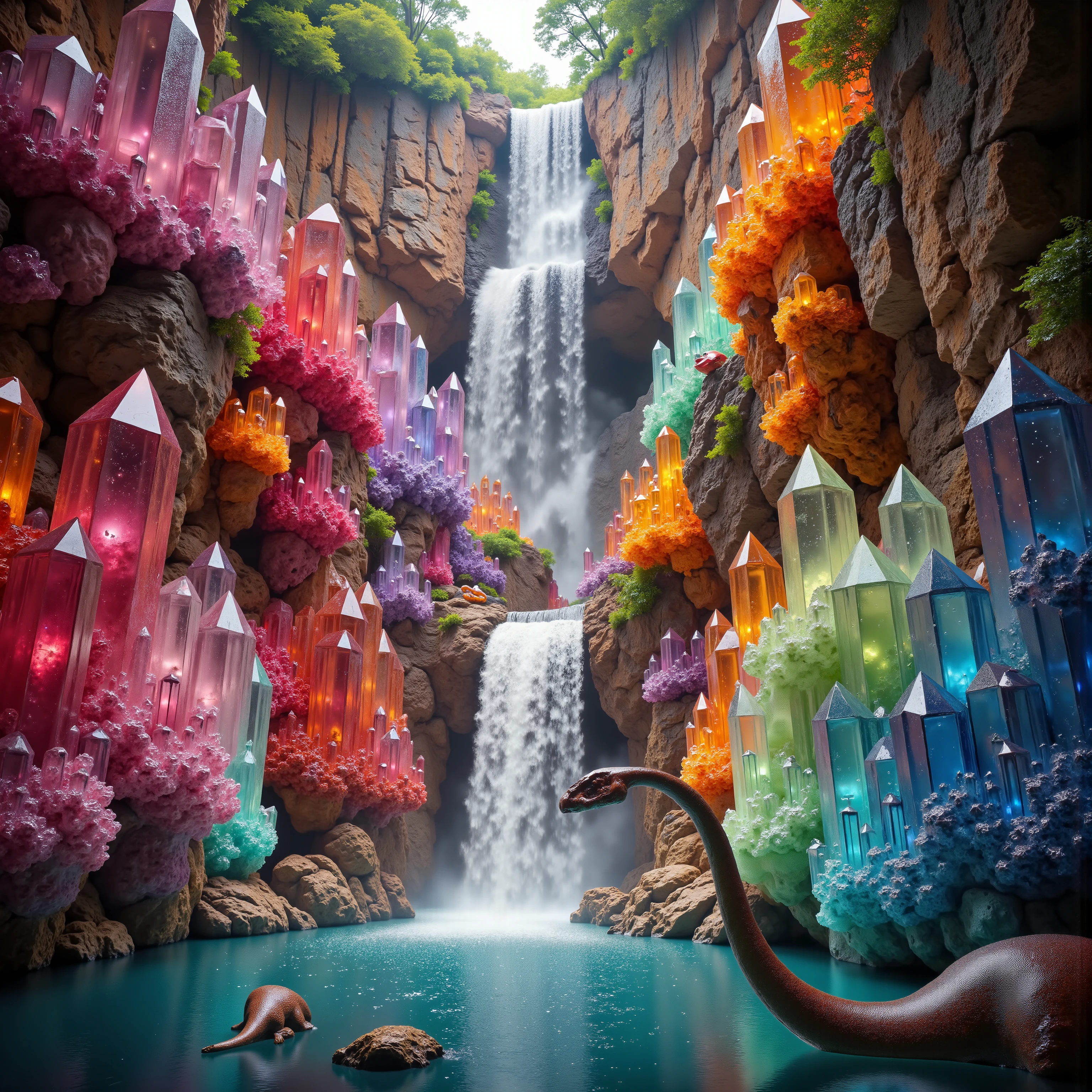 . A cliff that is 300 feet tall made up of gigantic quartz crystal points that are multicolored translucent pillars in a tropical rainforest. In the middle of these skyscraper sized quartz crystals is an incredible gushing cascading waterfall that pours into a beautiful lagoon that is lined with smaller quartz crystals 20 to 40 feet tall. In hues of Pink, Red, Orange, Yellow, Green, Blue, and purple, there are hundreds of quartz crystal formations pointing up and making up the walls of the inside of the cliff and protruding from the perimeter of the lagoon. Be sure that they are partially translucent and radiate color in the bright full sunlight. In this Full Sunlight we see dinosaurs down in the lagoon drinking. There are hundreds of giant quartz crystals in and on the cliffs, in the inside edges of the lagoon, and around the waterfall. Dinosaurs' eyes are calm and clear. No red eyes! No glowing eyes! There are other animals and birds everywhere. Giant insects are all over the place, too. Prehistoric life in its natural form. A jungle with life in every direction. Anatomically Correct Size and Proportion of the dinosaurs. Breathtakingly beautiful, stunning, Awe Inspiring, An Awesome Site! If you get it right! 8K Octane, Action Painting, Cinematic, Cinematography, Conceptual Art, Digital Art, Fujicolor, Ultra-realistic Photorealistic, Portrait Photography, Surrealism, Unreal Engine, Sparkle on crystals, Cinematic Lighting, Glowing Light, Reflection Light, Ray Tracing, God Rays, Perspective: up close, macro photography, Ultra bloody and gorey, UHD, Super Detailed, Best Quality, Award Winning, Masterpiece