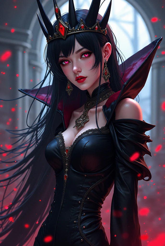 absurdres, ((stunning female Vampire))), goth Renaissance, (long black hair:1.erfect and detailed angular sharp oval shaped face, ((redeyes)), jewelry, red and black tetradic colors, full lips, gothic castle background, (solo), perfect anatomy, approaching perfection, ethereal, intricate details, ultra-high definition, 12k resolution, goth aesthetic, smooth, sharp focus, dreamy, glowing, backlit, glamour, glimmer, fantastical, shadows, smooth, Gothic crown, illustration