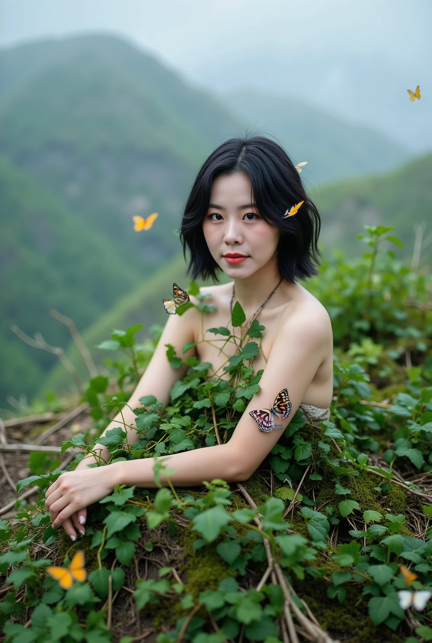 A naked pretty korean woman, trapped in a roots, her body enveloped in leafy vines flowers, breasts covered in moss, waving at the camera, sitting, entangled in vine roots, leaf-covered roots, beautiful woman, big breasts, sensual body, big breasts, short wavy hair, butterfly, beautiful indonesian girl, fog, night, on top of a mountain, with front shooting angle, very realistic, (complex detail: 0. 9), (hdr, hyperdetail: 1.2), RAW, Sony Alpha a9 II, 24-105mm f/4, HDR,