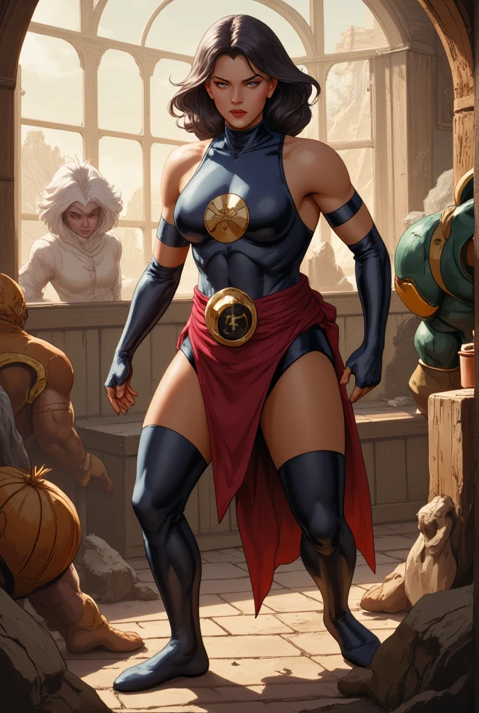 1woman, cleavage, in a spaceship, hands holding own hips, seductive smirk, big breasts, wide hips, big ass, storm from x-men costume, Garnet,black afro,navel,standing,upper body,retro shades, curvy,smile,standing,  toned, big lips