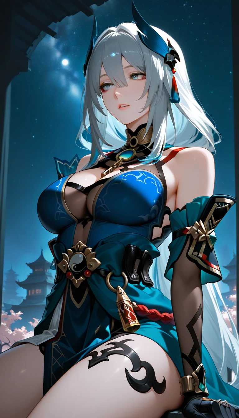 anime (mato seihei no slave), female adult , sexy (very big tits), actress (Kuusetsu) , light blue eyes , light blue / red streaks long that is hip / past hip length, Miko style outfit, She uses the power of lightning on the battlefield.