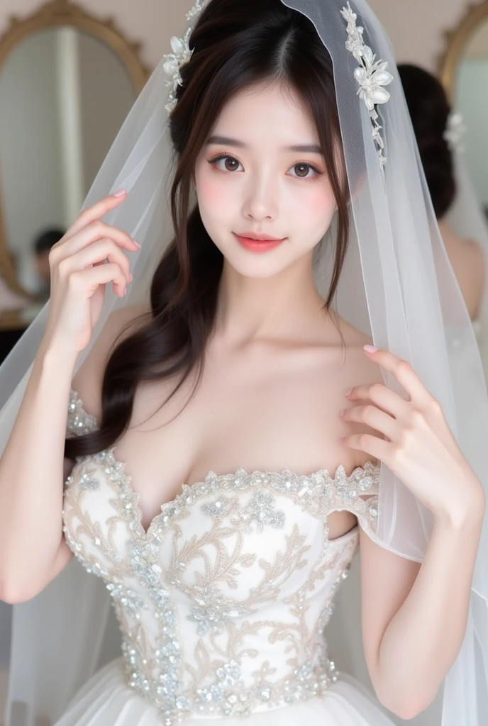((best quality, 8k, masterpiece: 1.3)), 1 girl, perfect body beautiful: 1.3, (casual hairstyle), (Queen), (big breasts), (Wedding dress), Super thin face, exquisite eyes, double eyelids, Smile, Short bandeau skirt, lace, whole body, long legs, High heel, nipple