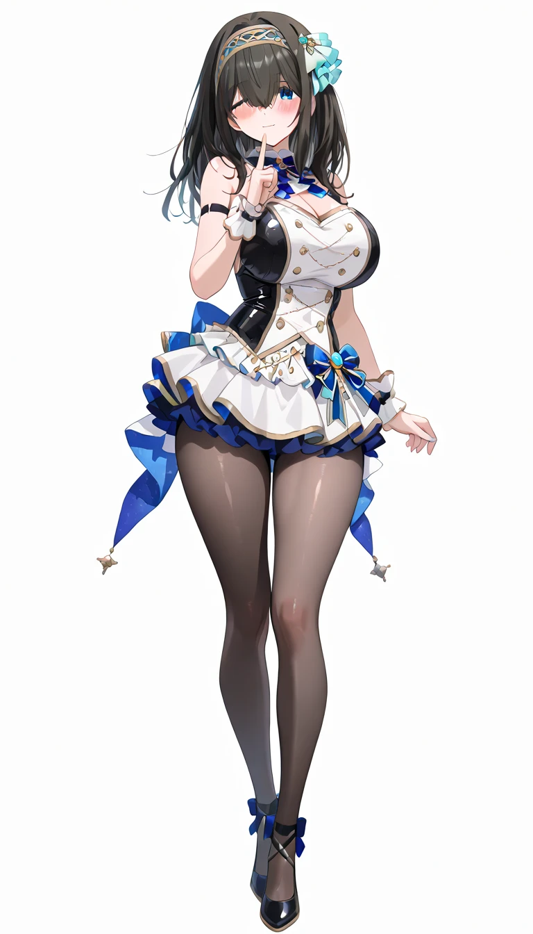 ,((upright)), ((arm at side)), looking at the viewer, simple background、white background, 1 girl, open your mouth, smile, Virtual YouTuber、with a girl、((highest quality, expensive_solve, clear_image)),(black hair), (black cat ears), (Ahoge), (ridiculously short hair), (wavy hair), (blue eyes),、laughter、very big breasts、whole body、Draw to the toes、I put boots on my feet、cleavage visible、dressed in military uniform、Reference sheet、((show viewer))。