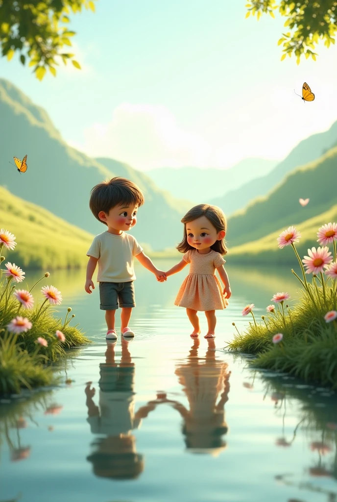 A 3d boy sex with a 3d girl both stand in water without clothe around plants flowers