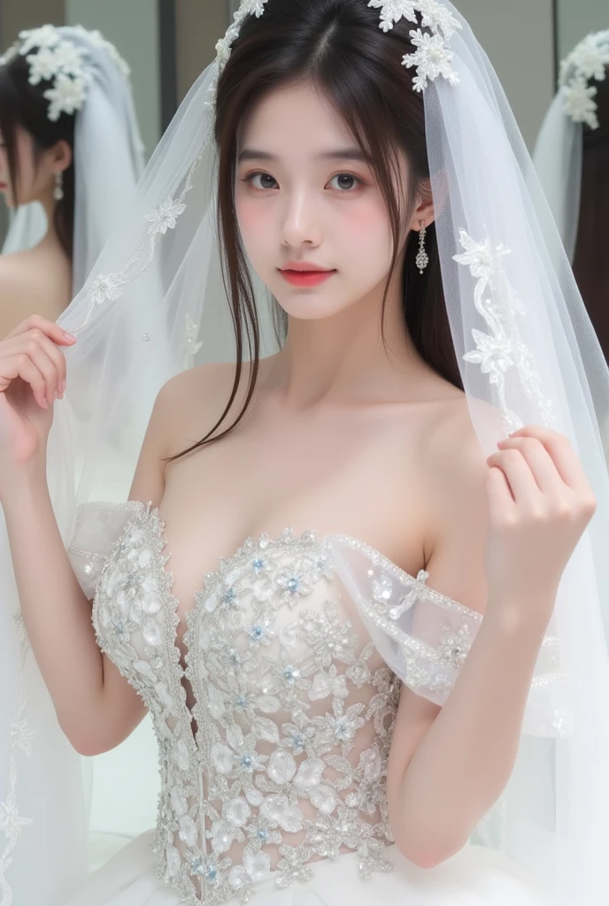(Highest quality、masterpiece、8K、Best image quality、Hyperrealism、Award-winning works)、(Princess in a wedding dress:1.1)、(The most gorgeous and luxurious princess wedding dress:1.2)、(Perfect Highest quality wedding lace:1.1)、(The most luxurious and highest quality giant tiara:1.2)、(The ultimate tiara with a huge jewel:1.1)、(Huge Jewelry Top End Necklace:1.1)、(The most luxurious and highest quality giant necklace:1.2)、(The most luxurious wedding dresses with lots of jewellery:1.1)、(A gorgeous wedding dress with intricate and beautiful details:1.1)、(Standing Elegantly:1.2)、(The most natural and wide々Standing on a beautiful and perfect beach:1.2)、(wide々Standing on the shore of beautiful waves:1.1)、(Beautiful perfect sandy beach:1.1)、(Beautiful sunny sky:1.1)、(Beautiful thunderclouds:1.1)、Beautiful sea、(A clear and vibrant beautiful sea:1.1)、Complex sea glow、Beautiful sea details are drawn、(Large Breasts:1.1)、(Accentuate your body lines:1.1)、Accurate anatomy、Perfect Makeup、Long eyelashes、Glossy Lips、Ultra HD glossy skin、(Ultra-high resolution, bright and beautiful skin:1.1)、Ultra-high definition glossy lips、Ultra-high resolution beautiful teeth、(very bright and vivid:1.3)、(Bright sunny sky:1.1)、(Vivid and clear sea:1.1)、(Bright and glowing skin:1.2)