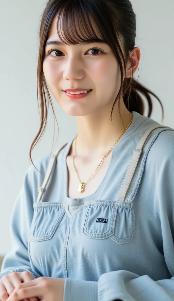 (Best Quality, 8K, 32K, masutepiece, nffsw:1.2),Photo of Pretty Japanese woman, Large breasts, Very short bob hair,Upper body,(Oversized_Sweaters,:1.1) Necklace, Simple background, looking at around