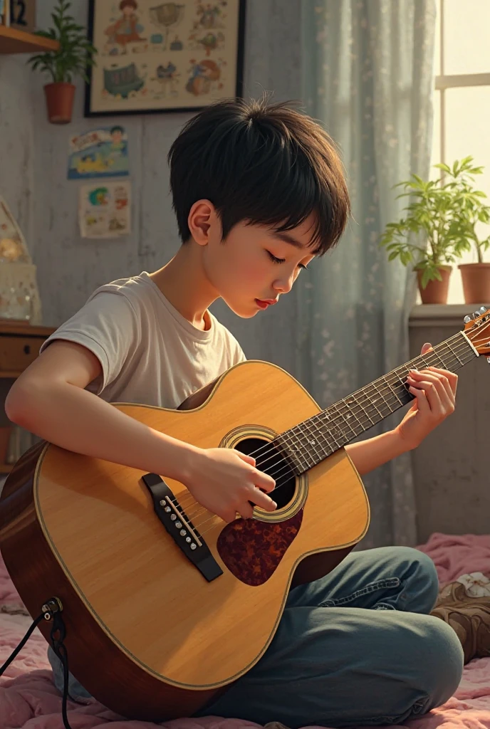 A boy playing guitar by the window at night、Close your eyes and smile boy、A starry sky、Calm atmosphere、Fine details、独奏, smile, Animal ears,