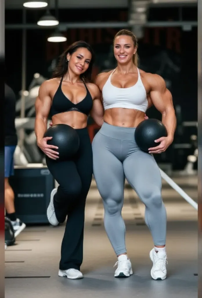 a pair of athletic newfoundland women schoolteachers, who are teaching a class on anal sex, beefy, muscular, thick thighs and glutes, wide waist, stocky builds, buzz cuts, tattoos