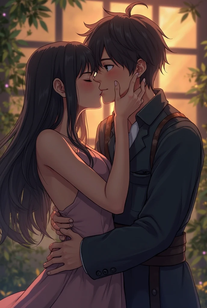Generate a romantic and tender scene depicting two characters sharing a passionate kiss. Set the atmosphere with evocative details such as the location, time of day, and any relevant emotions or thoughts running through the characters's minds."a handsome, tall boy with black and messy short hair sharing kiss with a beautiful girl with black and semi long hair, sharing kiss to eachother wearing , sharing kisses