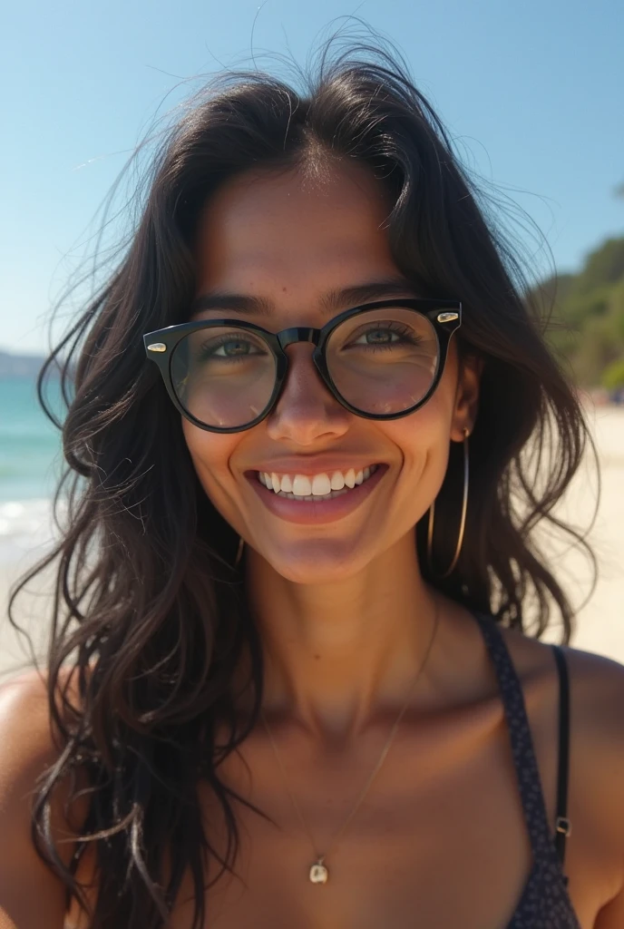 Generate an ultra-realistic image of Juliana Oliveira, um influenciador brasileiro de 24 anos com uma personalidade vibrante, cabelo loiro ondulado com mechas divertidas e suavemente soprado pelo vento. Seus olhos verdes brilhantes refletem curiosidade e entusiasmo, while its perfectly symmetrical, rosto esculpido exibe um sorriso cativante, revelando dentes perfeitos. Juliana wears modern glasses that highlight her intelligence and sophistication. Her fitness model body is a harmonious blend of strength and grace, destacada por sua postura elegante, mas poderosa. Flawless skin accentuates your timeless elegance. Certifique-se de capturar sua autenticidade, beauty and a touch of eccentricity in this representation. Now she is lying on a towel on the beach in Rio de Janeiro. dressed in a black hang gliding bikini